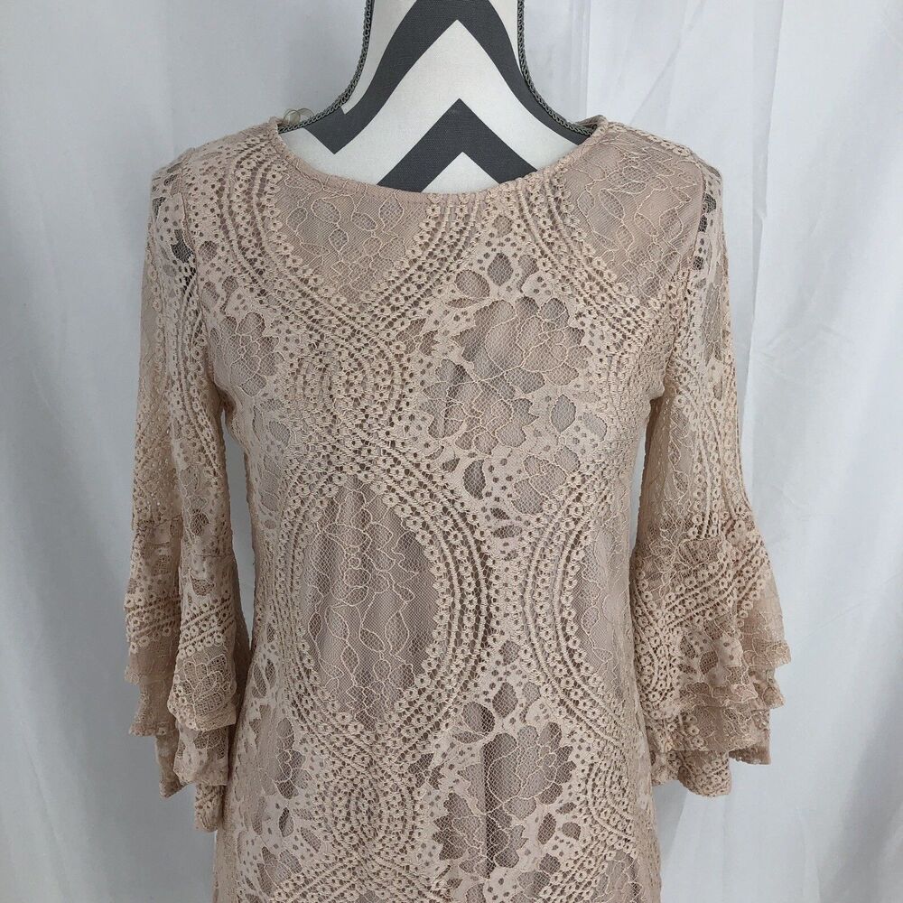Trixxi Pink Lace Overlay BoHo Boat Neck Layered Bell Sleeve Shift Dress Medium